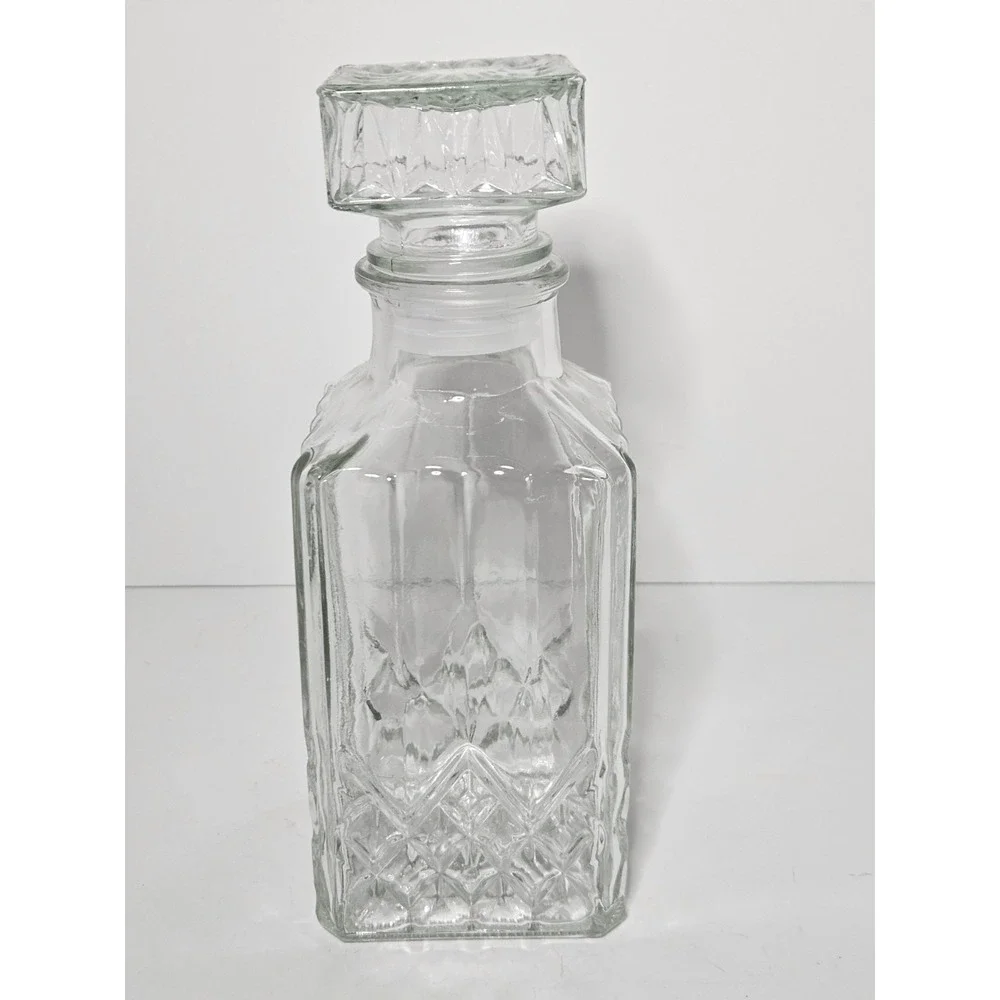 Vintage Glass Whiskey Decanter Square Diamond Cut Liquor Bourbon Bottle Stopper